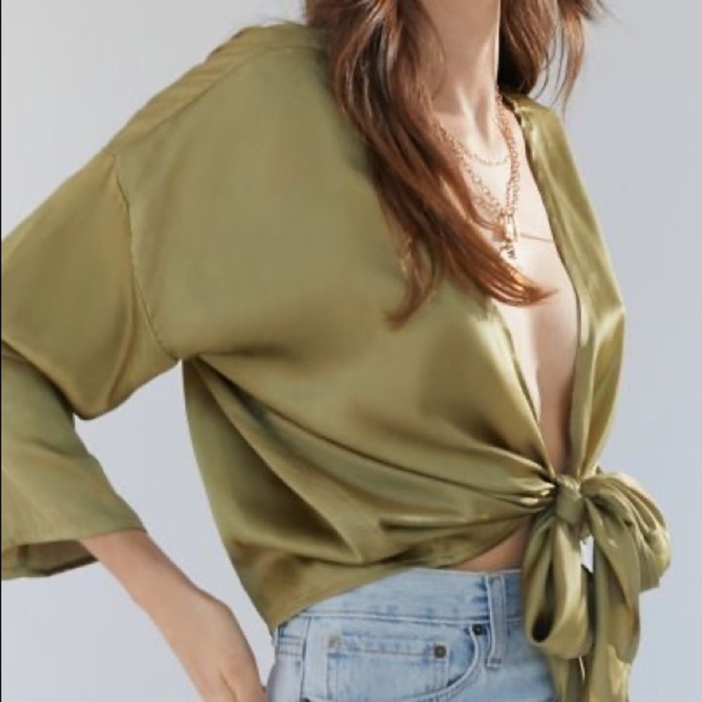 UO Nicole Satin Green Tie-Front Top